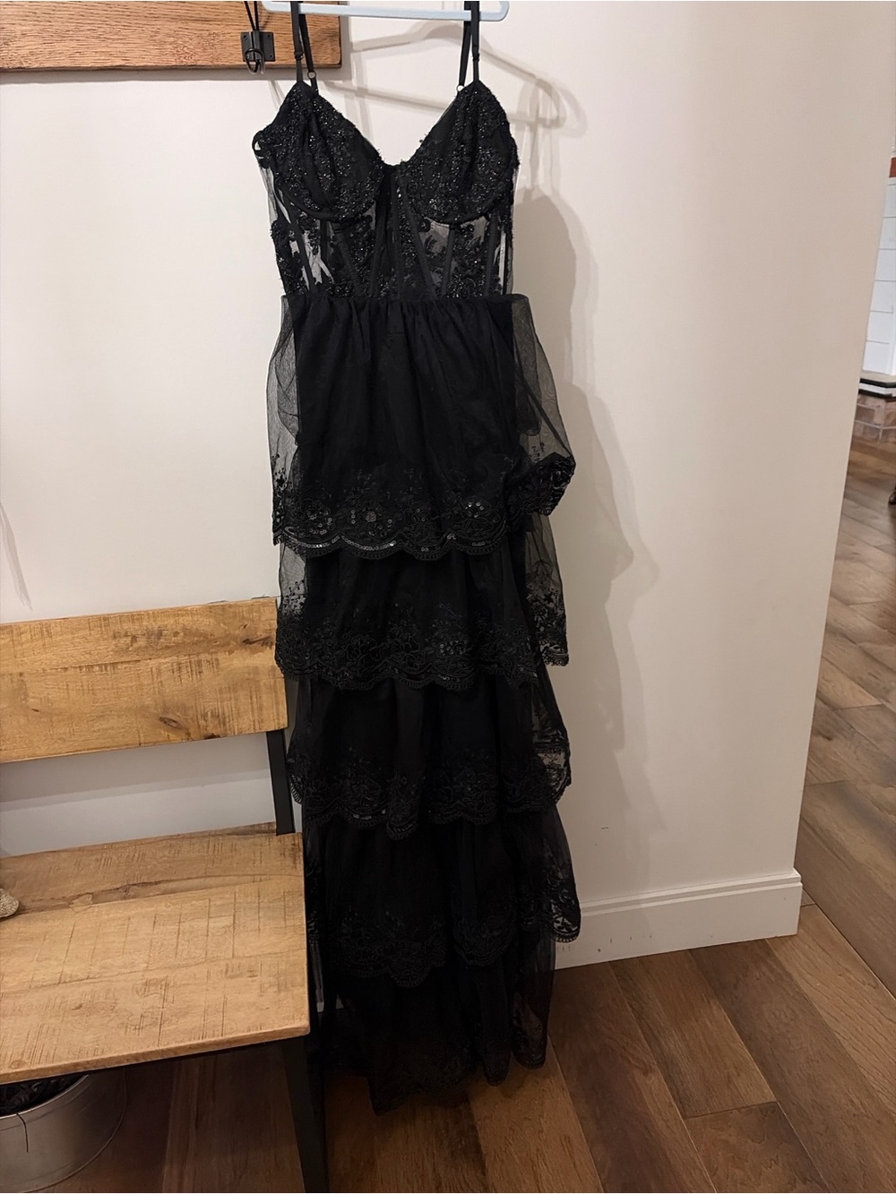 Lulu's Black Tiered Lace Maxi Dress with Sheer Bodice